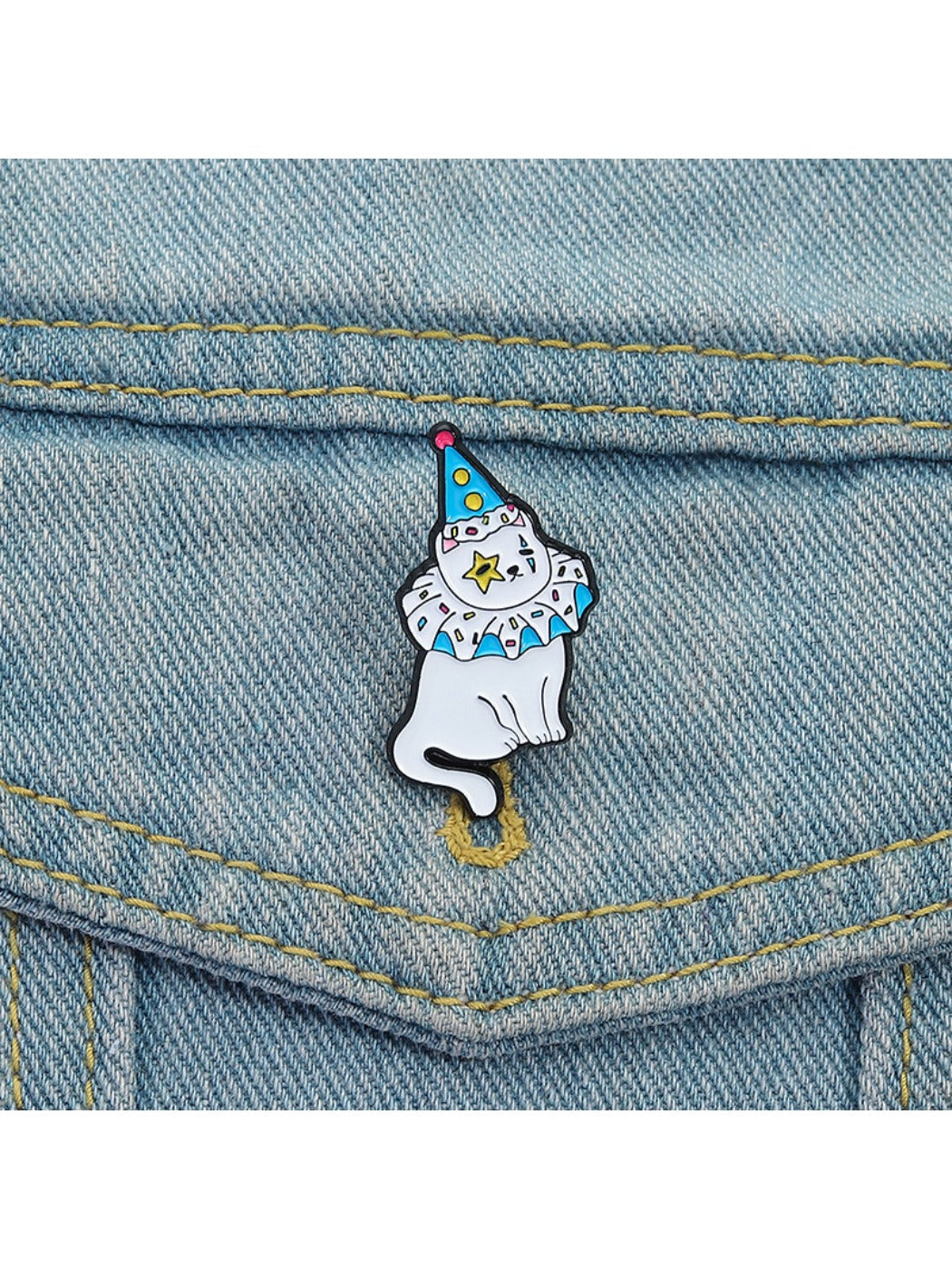 Back of Pinori adorable clown cat brooch with secure pin fastening visible