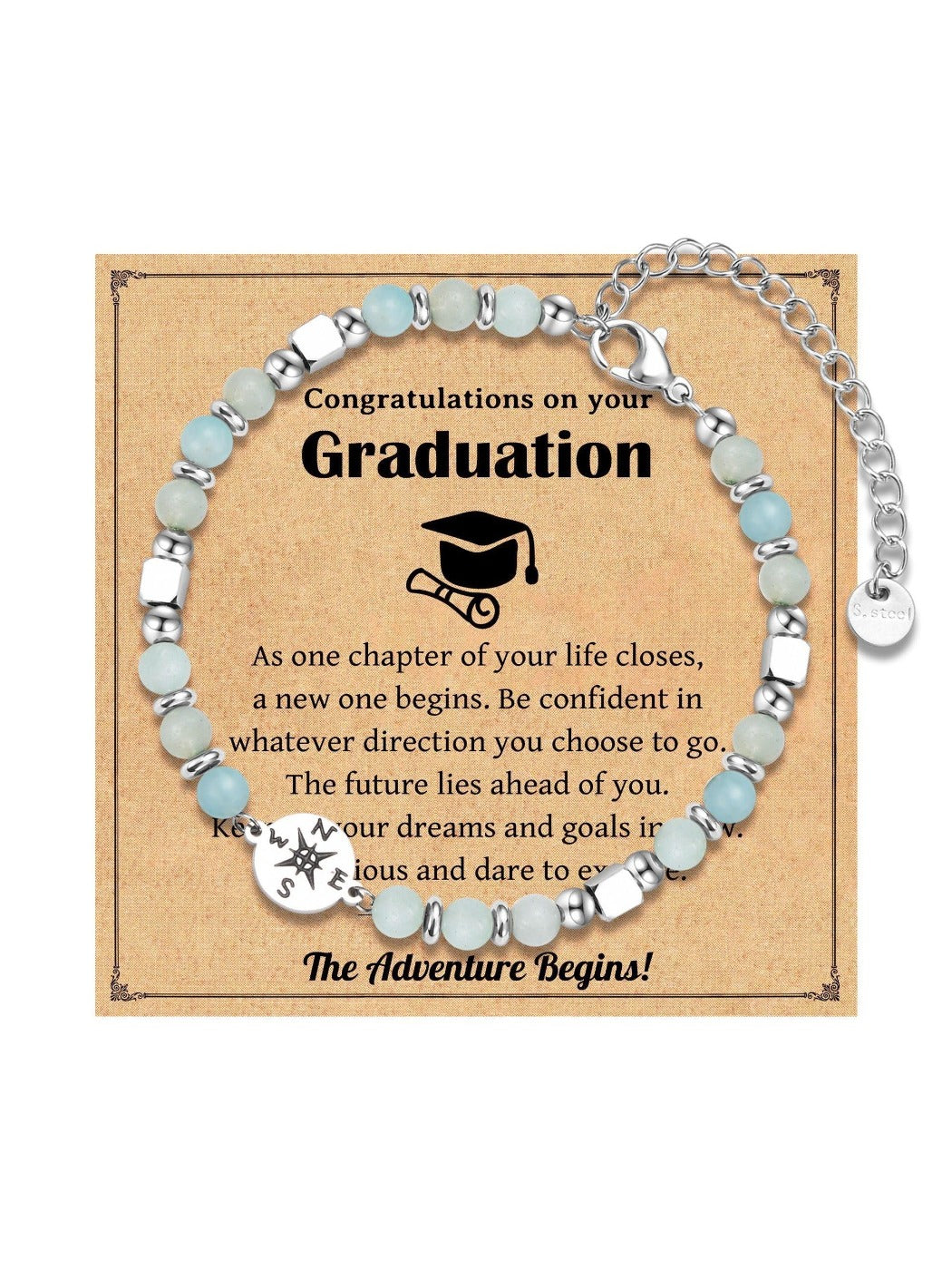Emora Bohemian couple beaded bracelets displayed on a wooden surface with a card