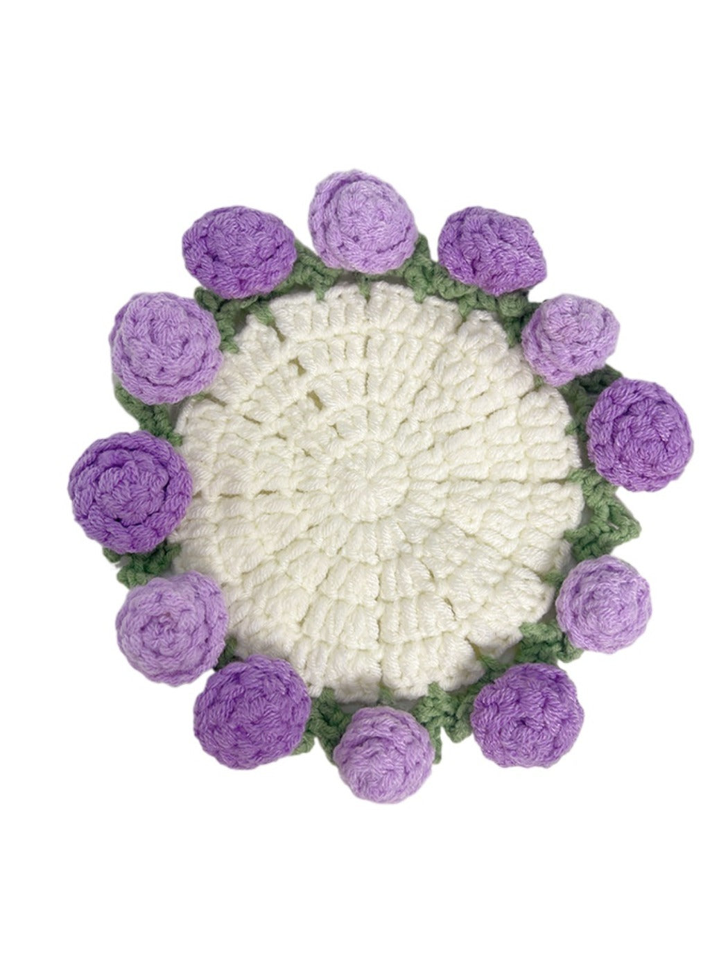 Red Kovira crochet rose coaster heat resistant table mat on wooden surface
