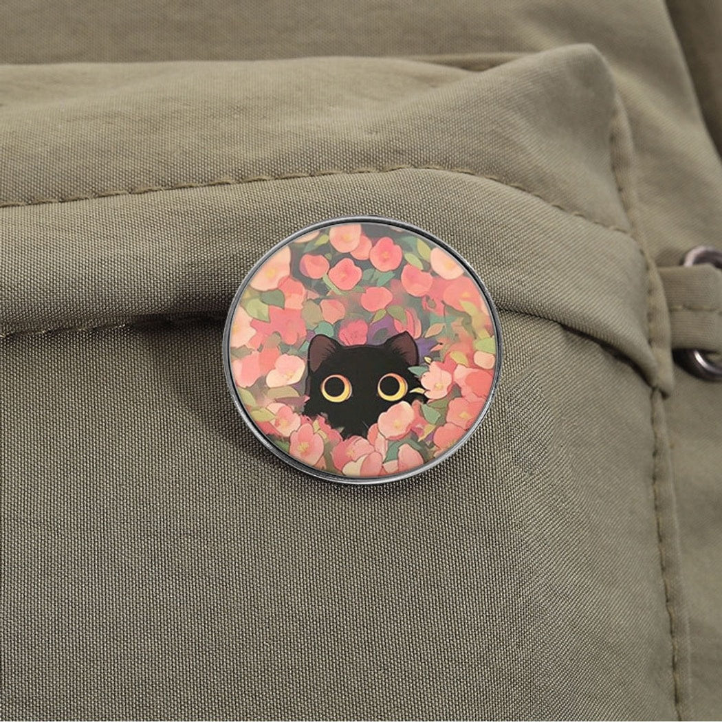 Pinori - Round Floral Cute Black Cat Brooch Pin