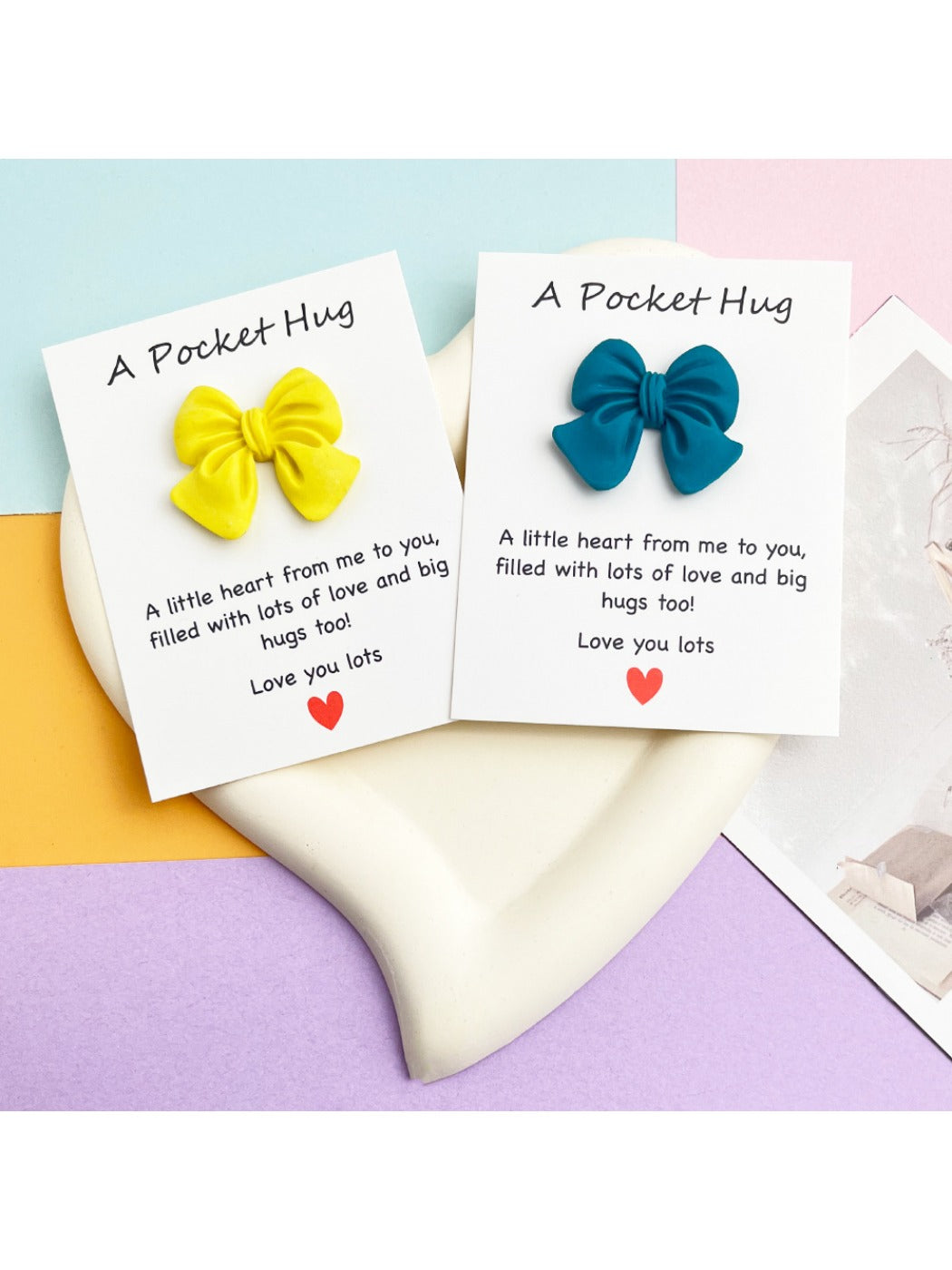 Taphug Pocket Hug greeting card partially open showing front bow