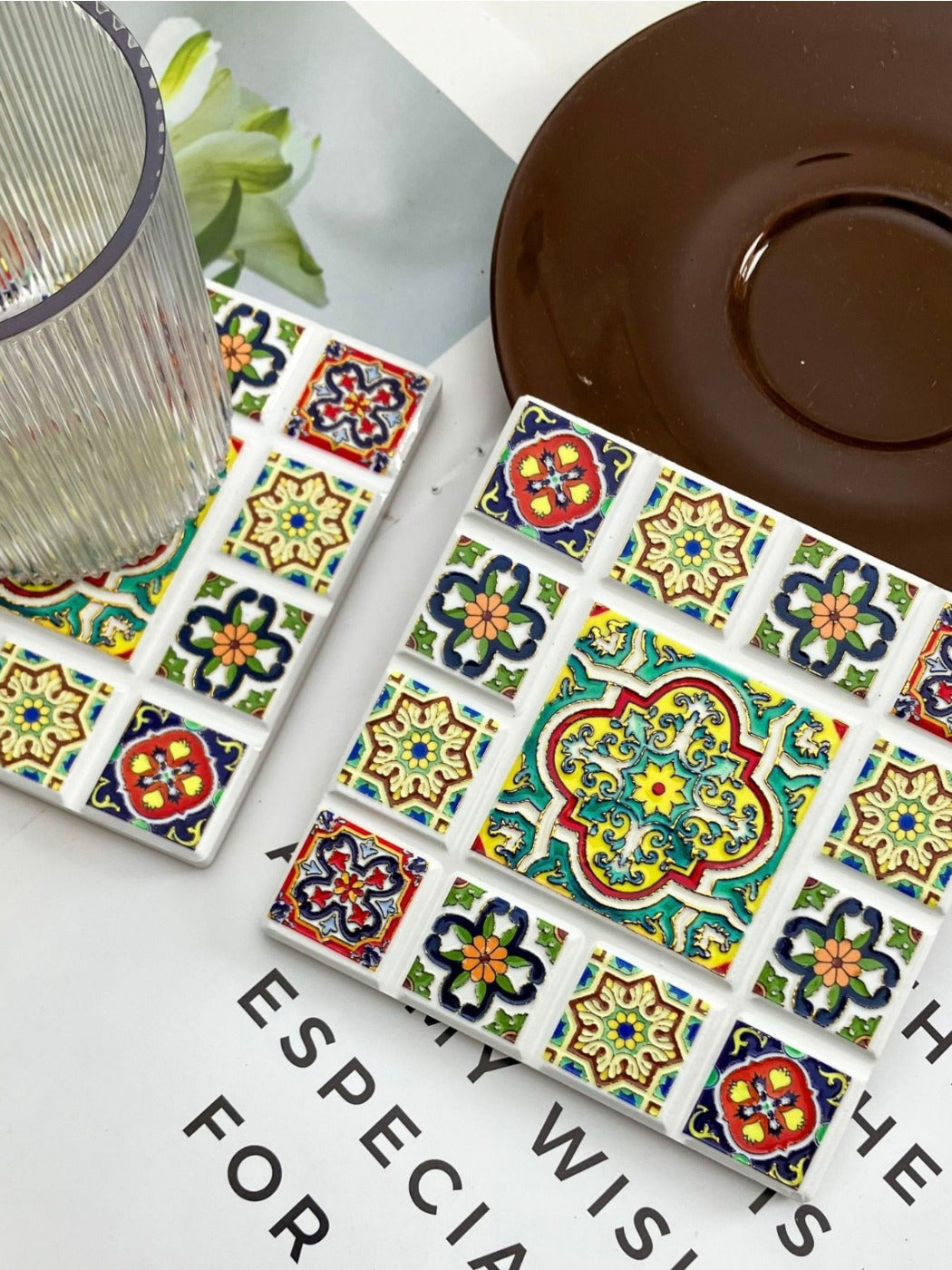 Thimara - Vintage Bohemian Embossed Square Ceramic Coaster
