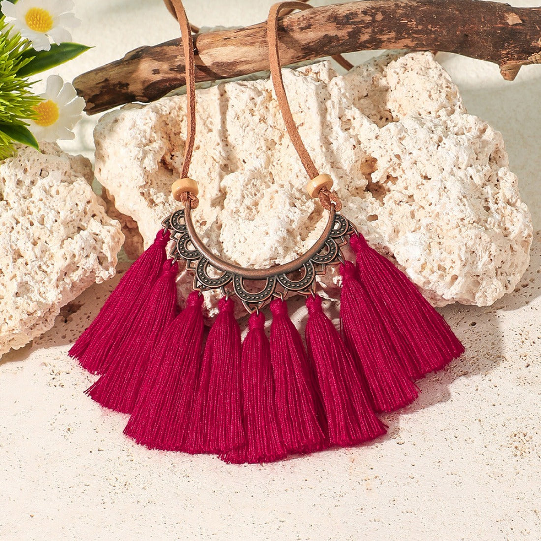 Red Tassel Necklace and Earring Set