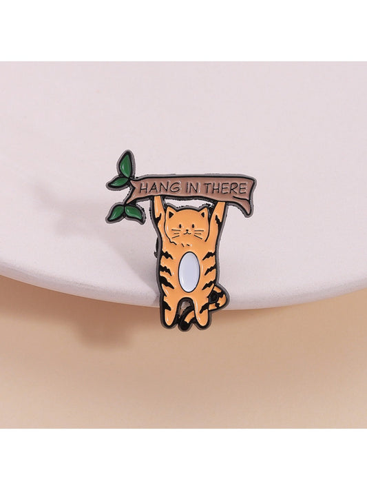 Pinori cartoon minimalist cat brooch front view with black and white enamel design