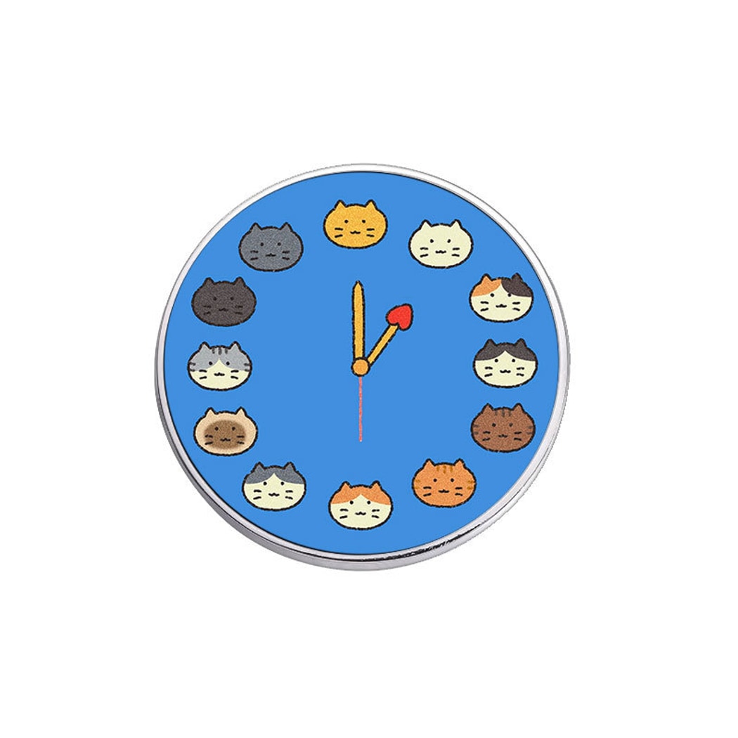 Pinori - Round Cat Face Clock Motif Decorative Pin