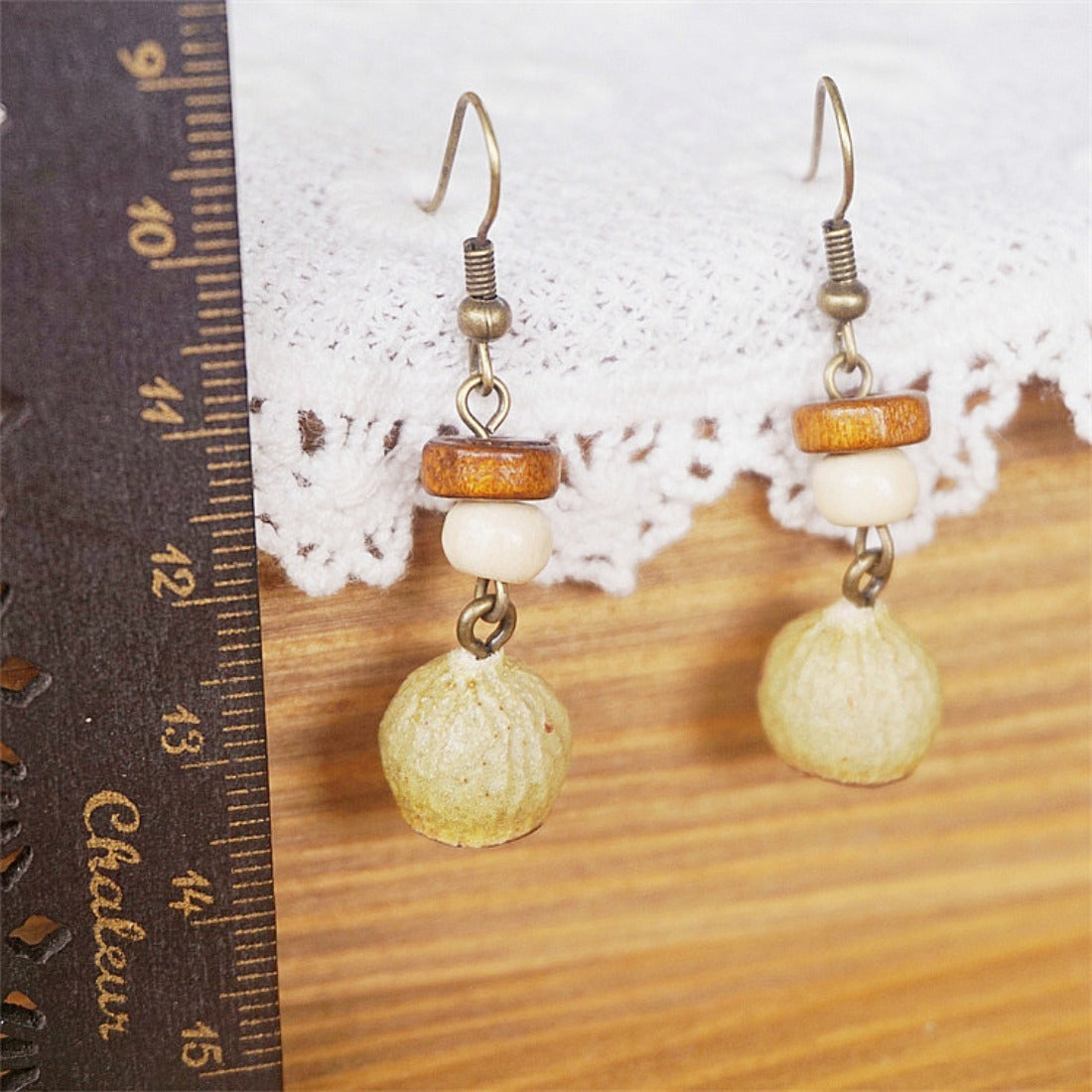 Handcrafted Vintage Wooden Bead and Natural Nut Earrings