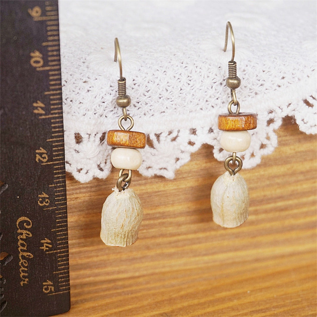 Handcrafted Vintage Wooden Bead and Natural Nut Earrings