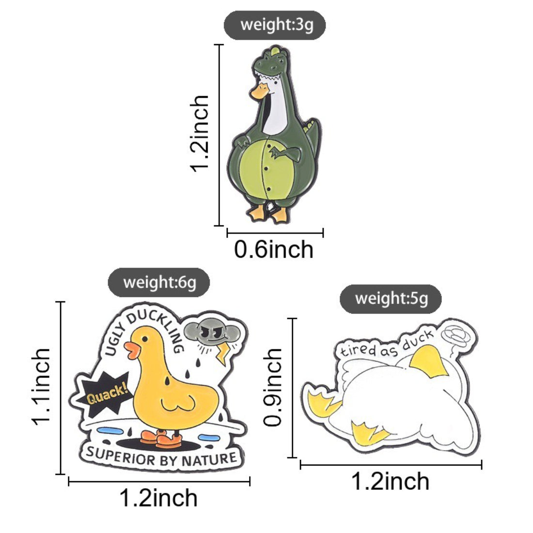 Multiple Pinori playful character enamel pins arranged in a flat lay on white surface