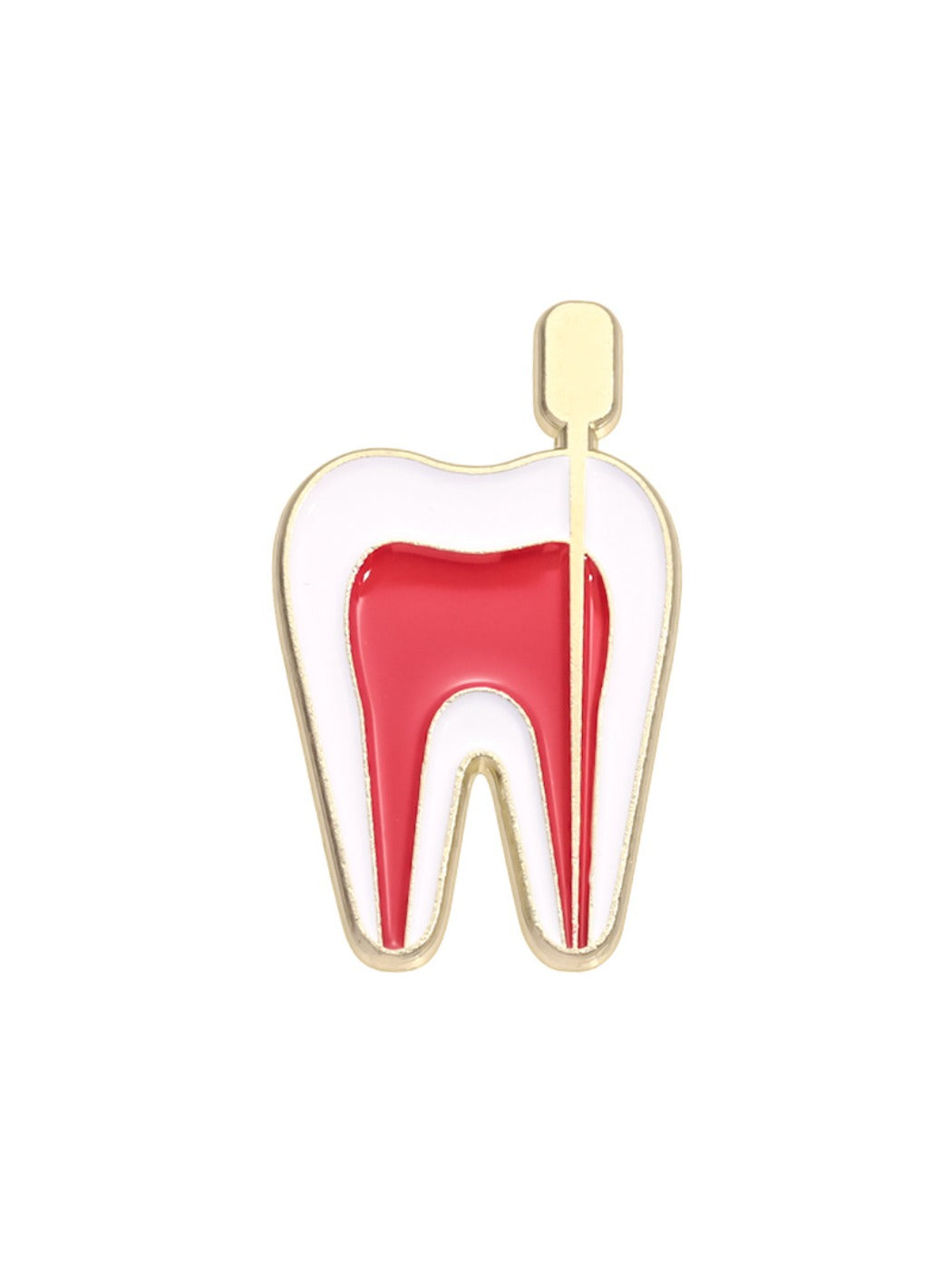 Pinori tooth nerve theme pin displayed on a denim jacket lapel
