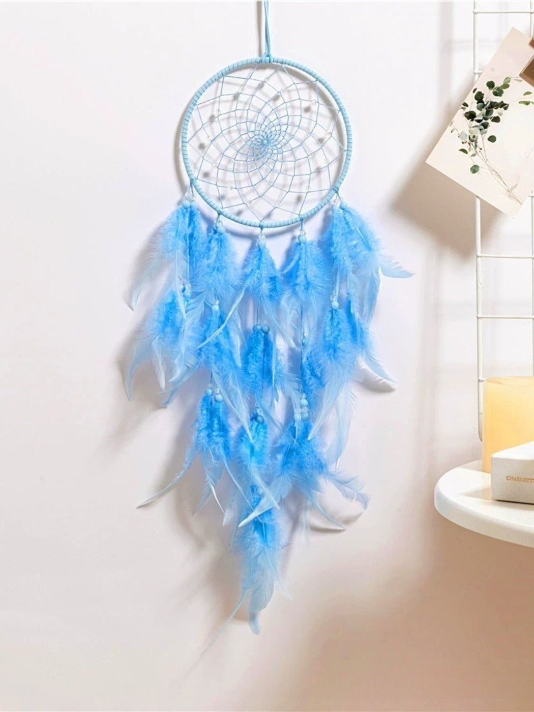 Feathers and wooden beads detail on Somnira dreamcatcher wind chime hanging from a tree