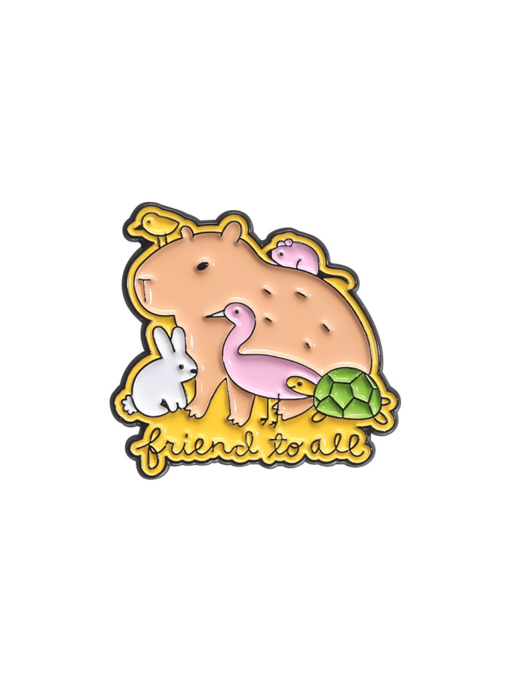 Pinori capybara animal brooch with hamburger design shown in hand for scale