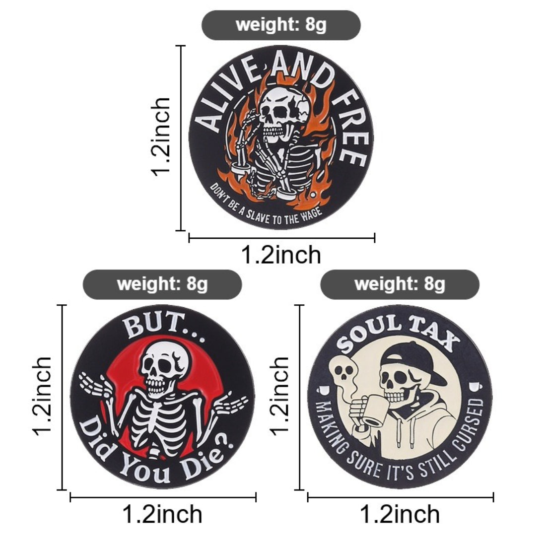 Pinori skeleton enamel pin held between fingers showing size and detail