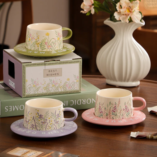 Mivora - Pastel Botanical Pattern Coffee Mug and Saucer Set