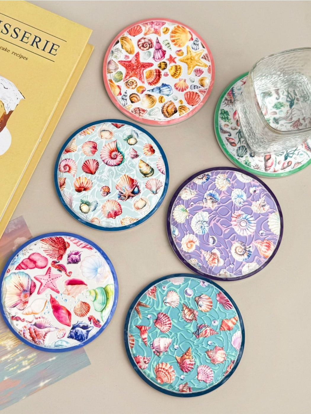 Thimara - Ocean Themed Ceramic Coaster Set with Shell and Conch