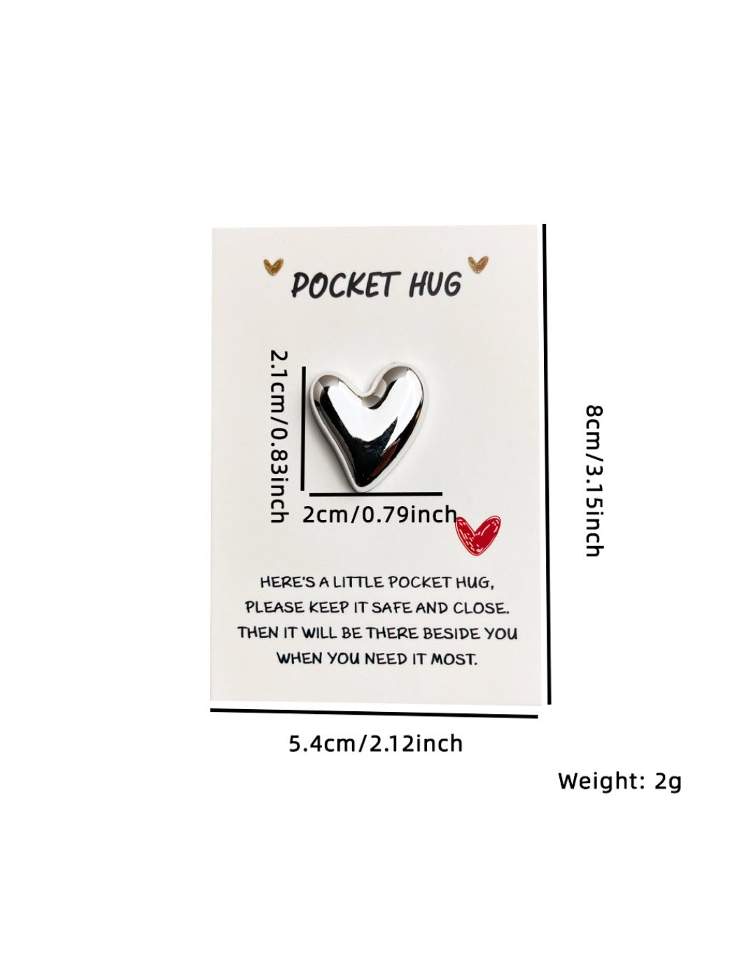 Taphug Pocket Hug shiny heart with love message photographed from side angle