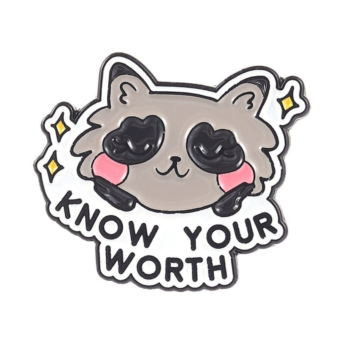 Pinori Positive Raccoon Quote enamel pin displayed on a white background