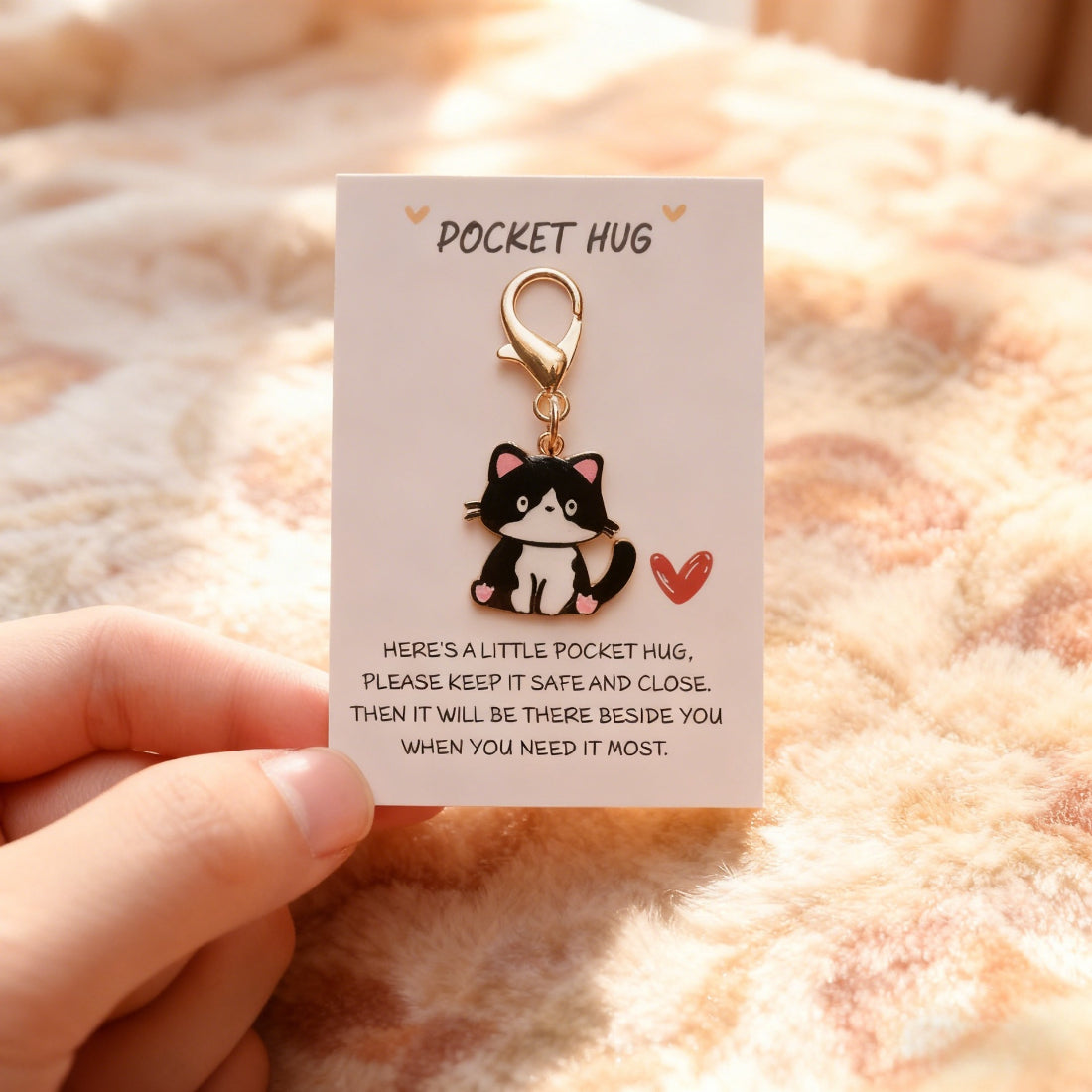 Taphug Kitten Charm Pocket Hug placed on a wooden surface with natural light