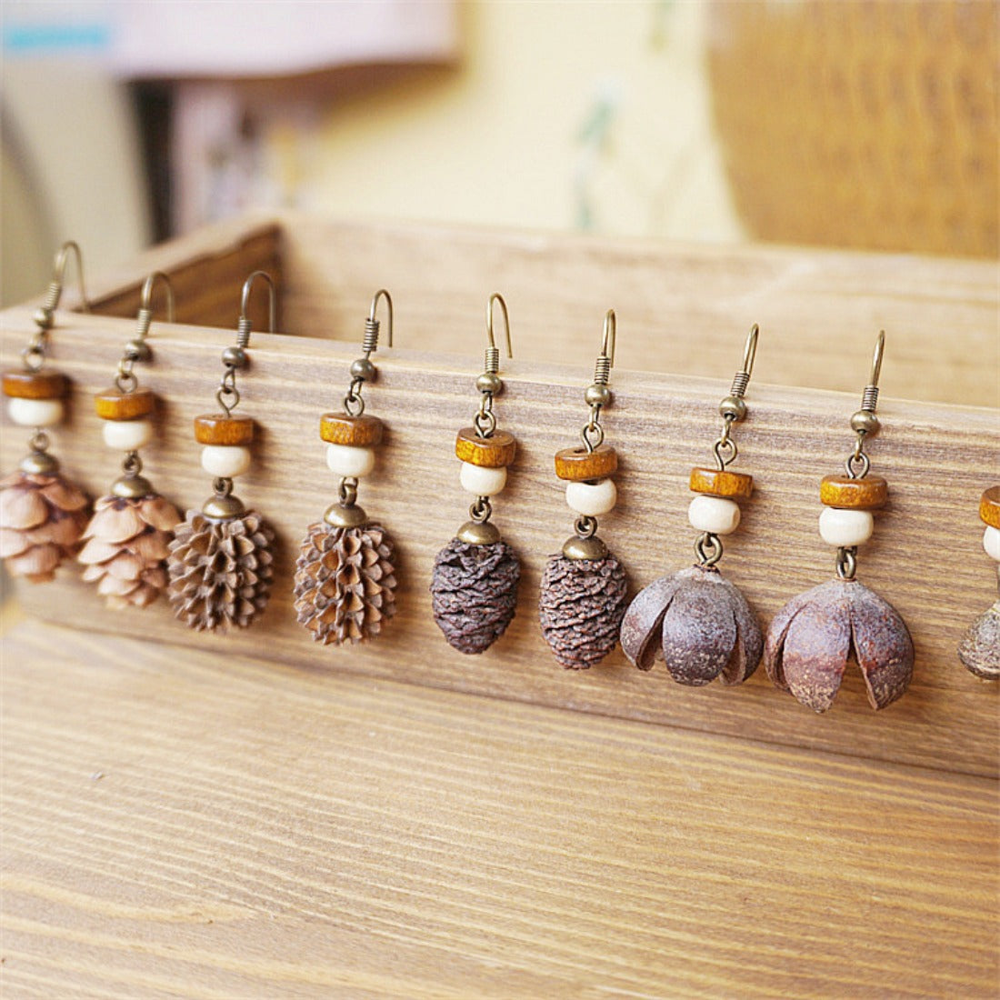 Handcrafted Vintage Wooden Bead and Natural Nut Earrings