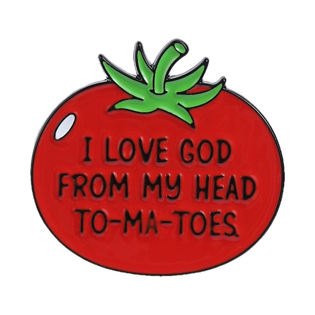 Close-up of Pinori enamel pin showing detailed vegetable design and text
