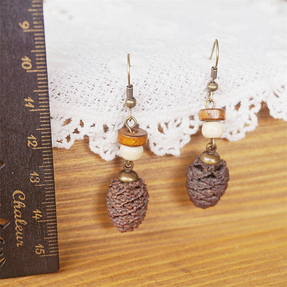 Handcrafted Vintage Wooden Bead and Natural Nut Earrings