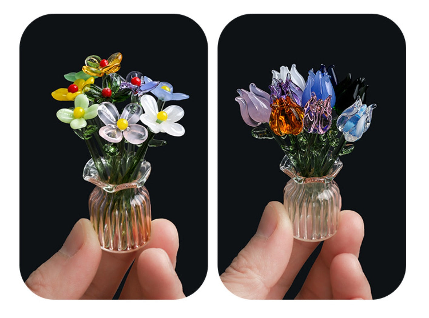 Close-up of a tiny Japanese glass rose emphasizing the craftsmanship of the petals