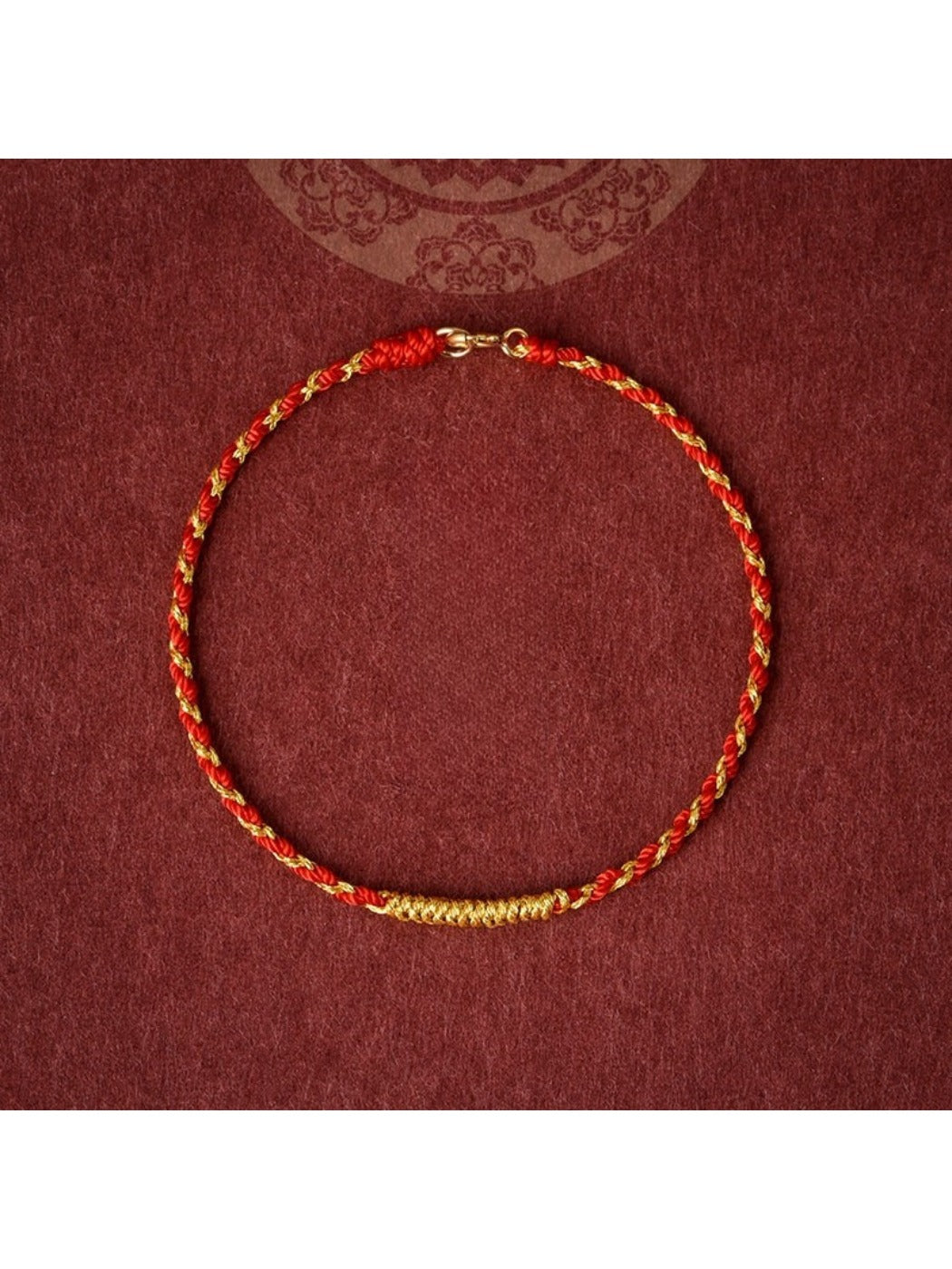 Close-up of Emora Premium Golden Thread Vajra Knot Rope Bracelet showing intricate knot detail