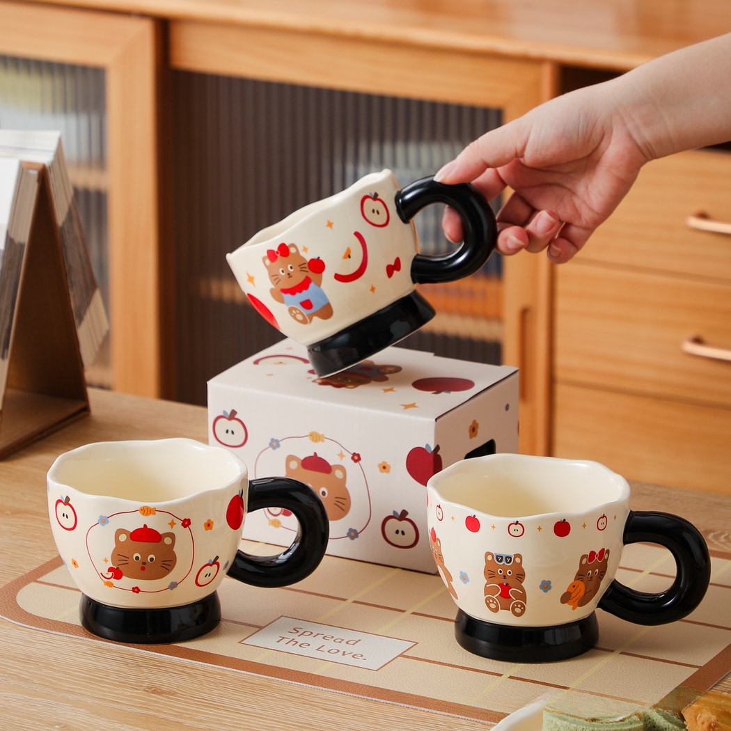 Mivora - Cartoon Apple and Cat Irregular Rim Mug