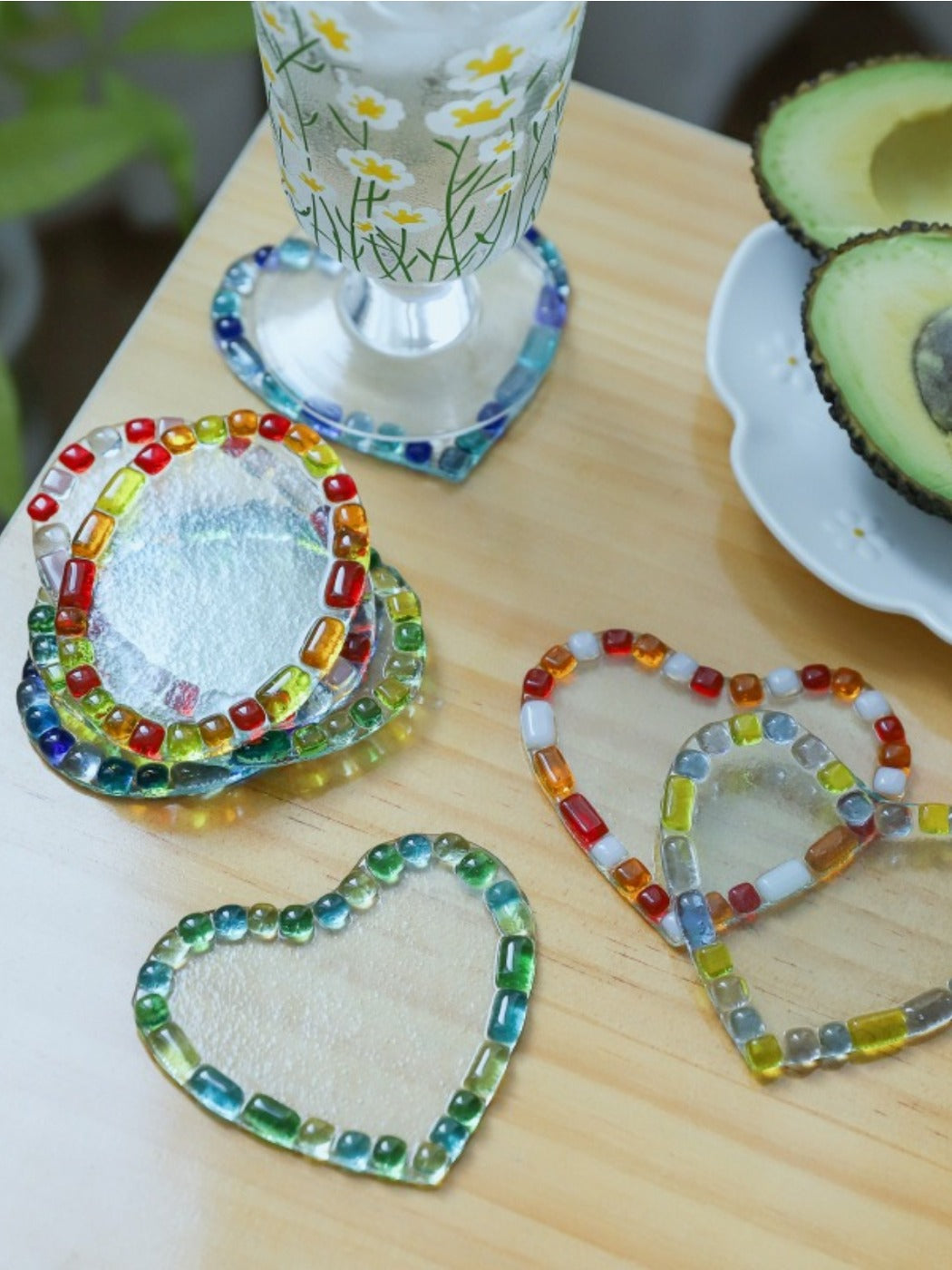 Set of Thimara elegant Japanese glass coasters stacked on a table
