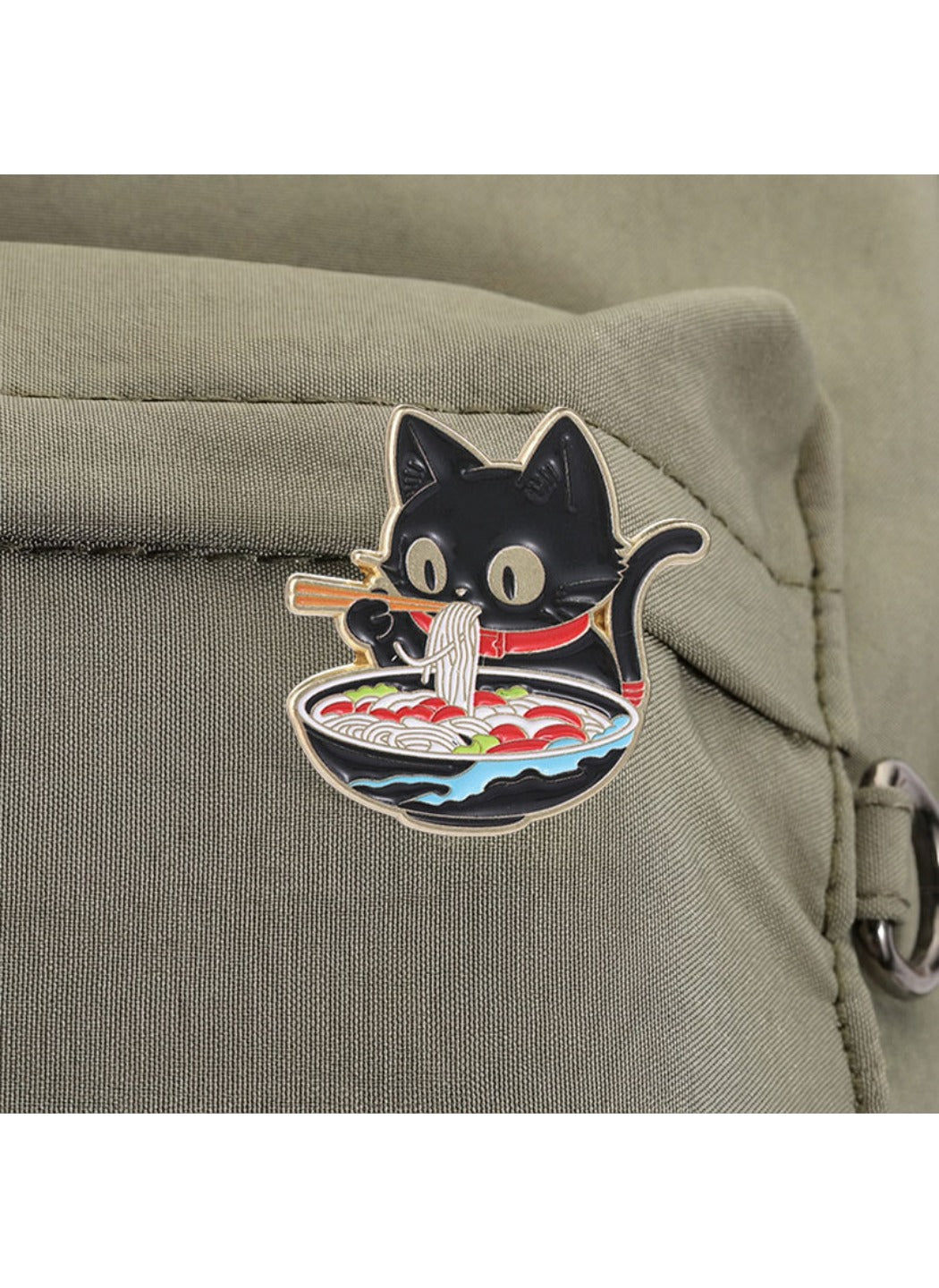 Pinori - Alloy Cat Brooch, Cute Cartoon Black Cat Eating Ramen Badge