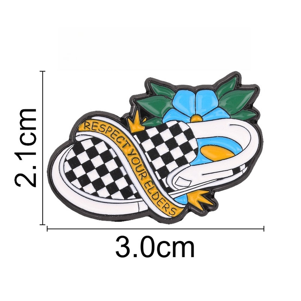 Pinori - Retro Checker Ribbon Floral Enamel Pin