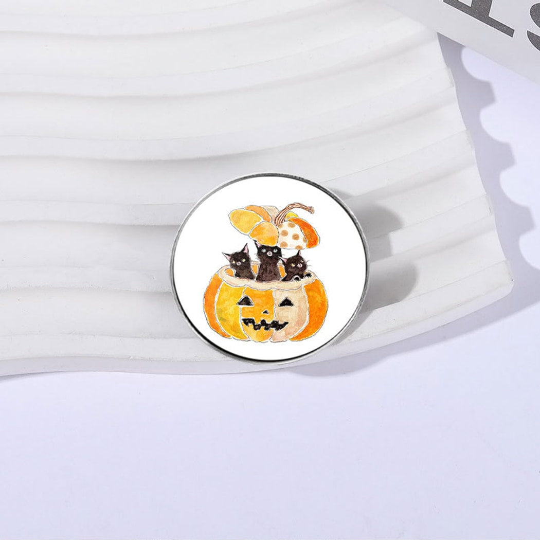 Pinori - Halloween Pumpkin Black Cat Round Pin
