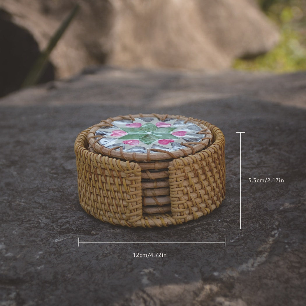 Thimara - Round Floral Pattern Woven Style Coaster Set