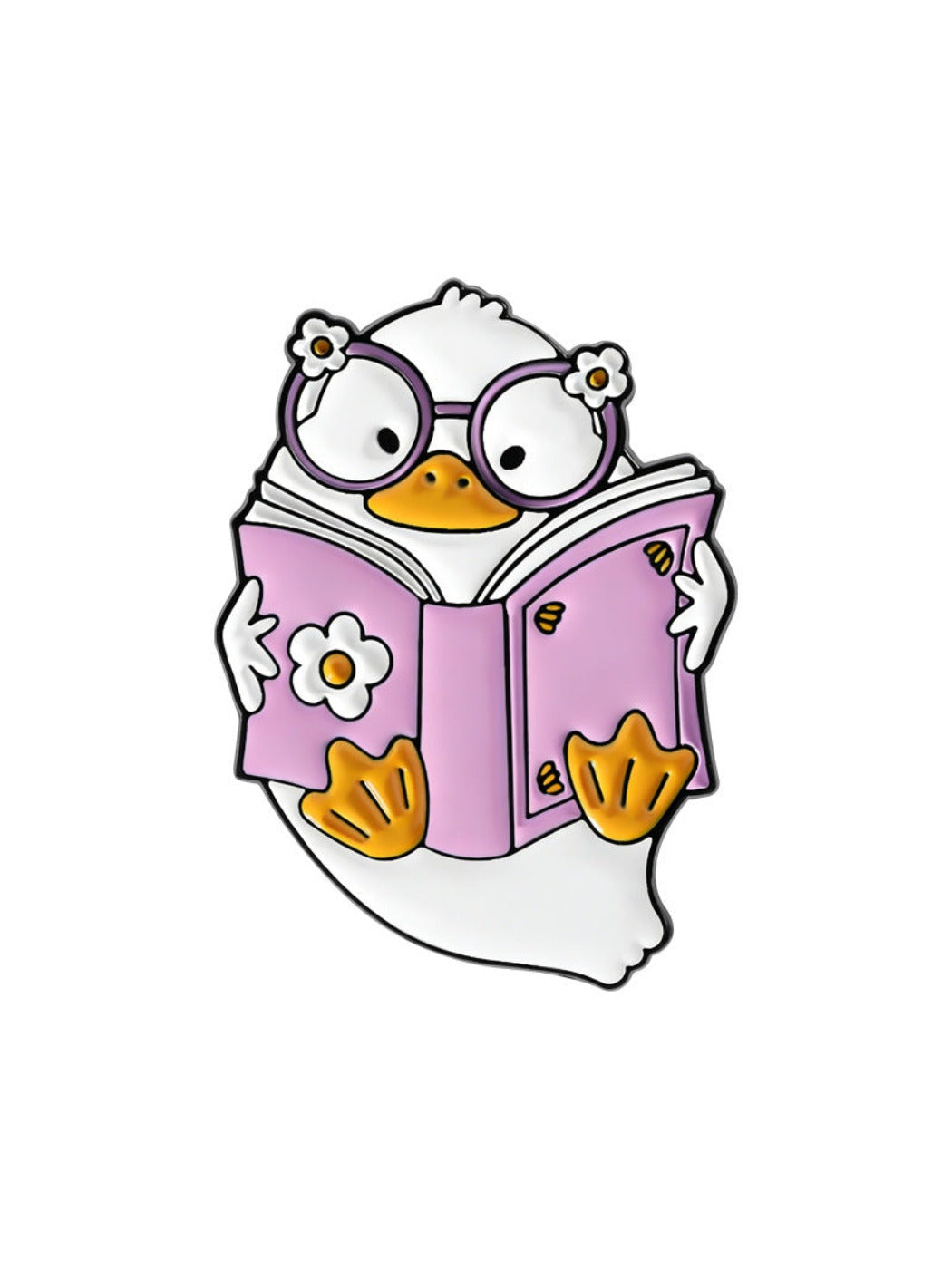 Side view of Pinori pink reading book brooch with duck motif on a neutral backdrop