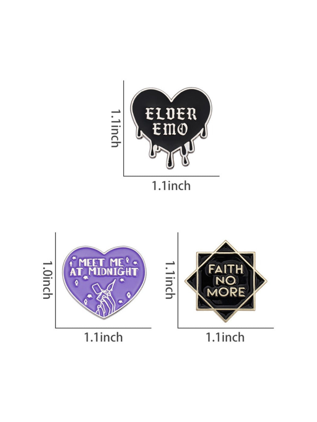 Pinori black heart badge pinned on backpack strap with visible letter design
