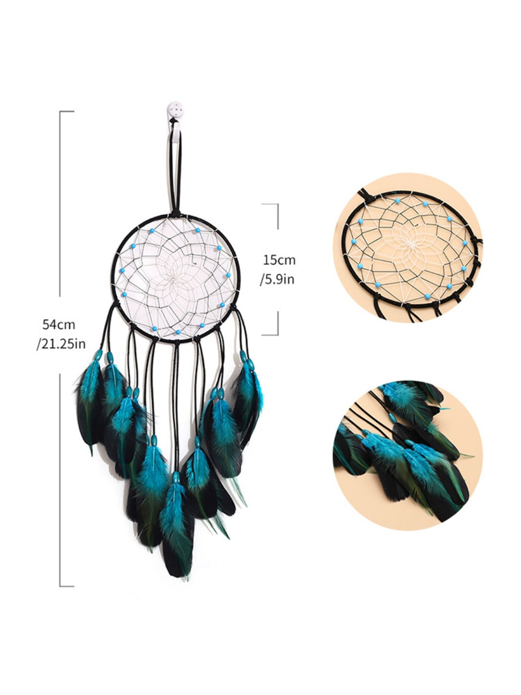 Side angle of blue feather dreamcatcher showing texture and materials
