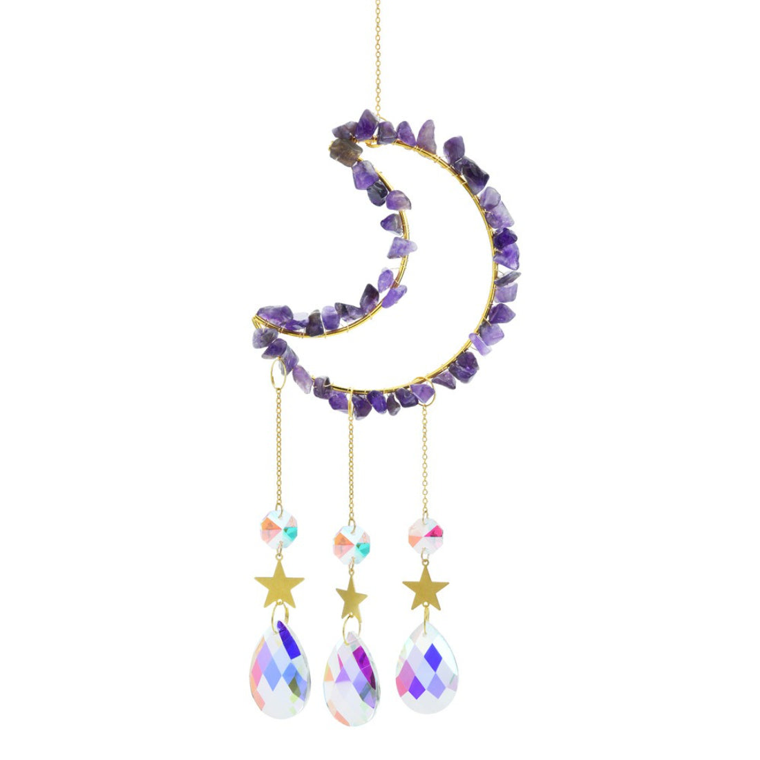 Side view of Somnira moon shaped dreamcatcher hanging against a white wall