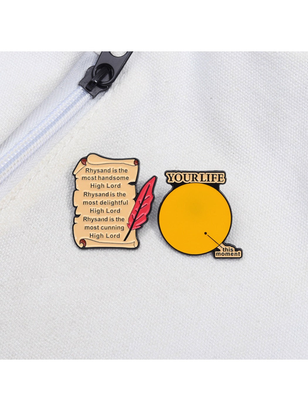 Close-up of Pinori orange badge letter fixing decorative clasp pin showing clasp mechanism