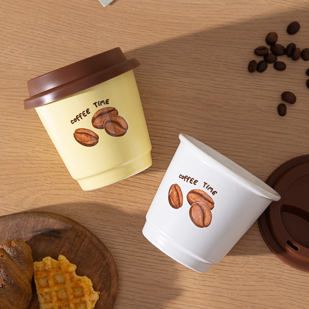 Mivora - Coffee Bean Print Lidded Round Coffee Cup