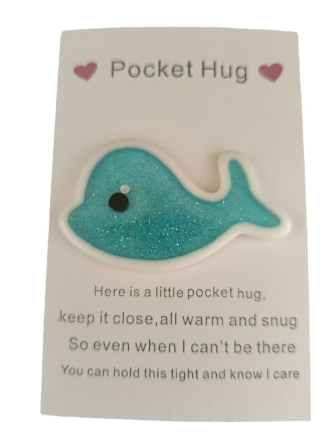 Taphug - Pocket Hug Heart Blue Glitter Dolphin pocket hug card and keepsake token view 2