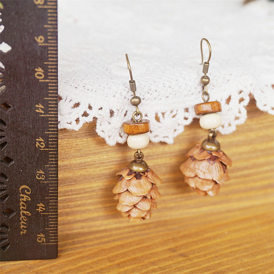 Handcrafted Vintage Wooden Bead and Natural Nut Earrings