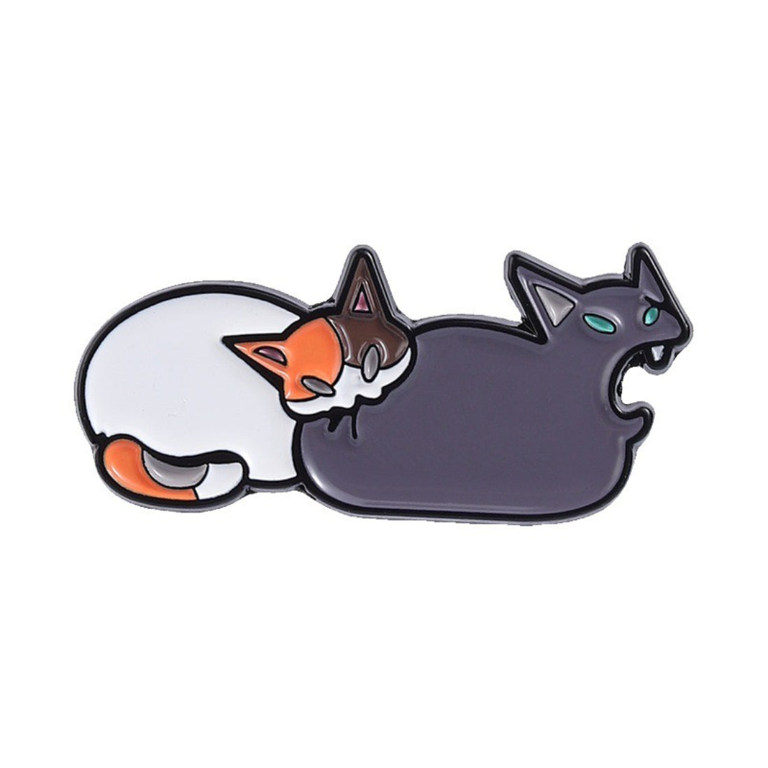 Close-up of Pinori cat butt bite enamel pin with vibrant colors and metal outline