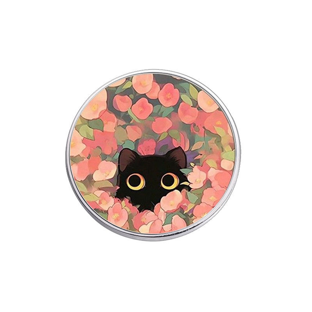 Pinori - Round Floral Cute Black Cat Brooch Pin
