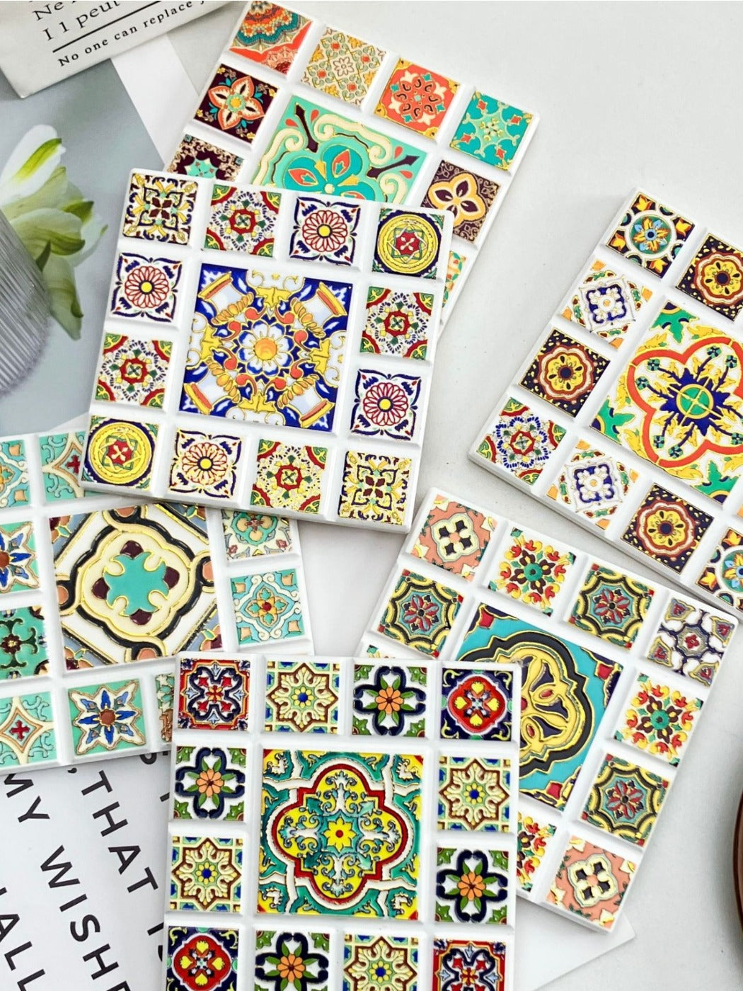 Thimara - Vintage Bohemian Embossed Square Ceramic Coaster