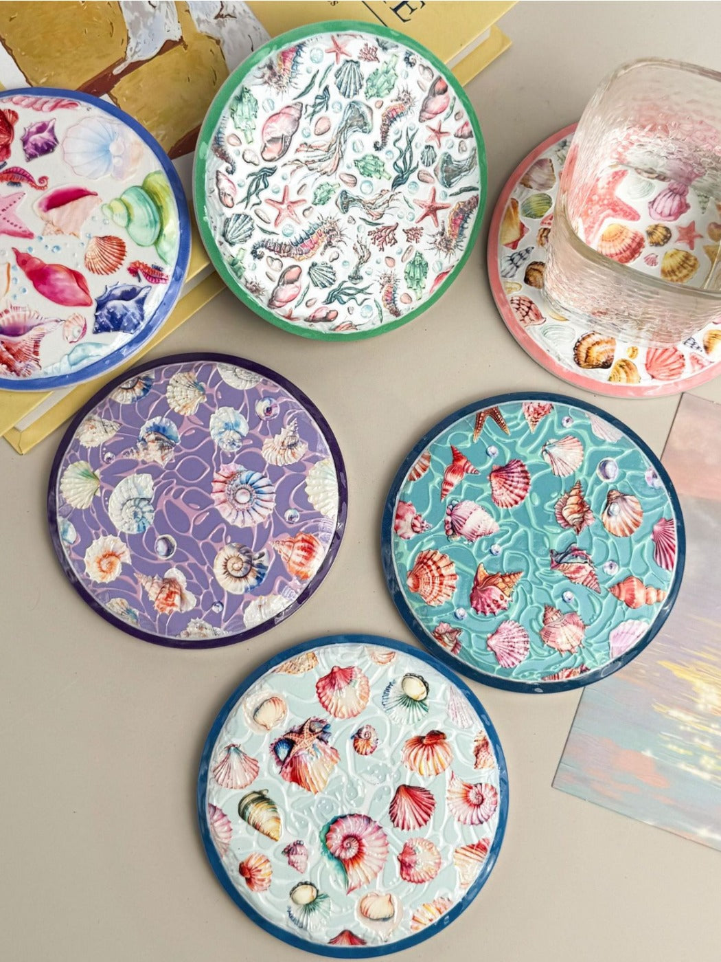 Thimara - Ocean Themed Ceramic Coaster Set with Shell and Conch