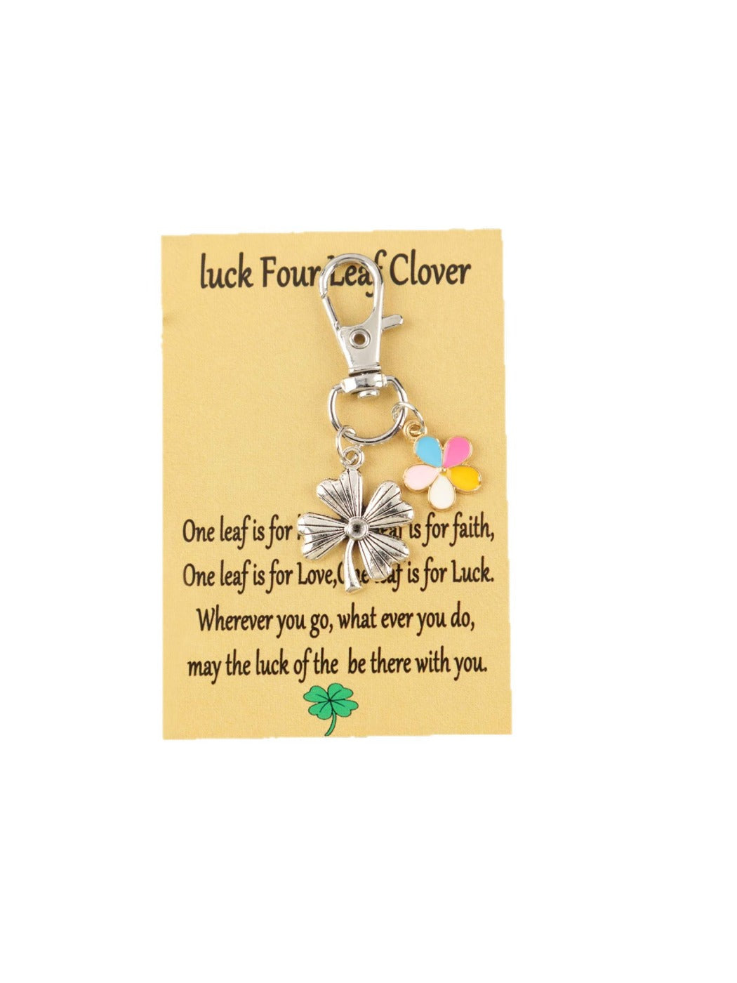 Assorted 10PCS lucky clover and colorful flower keychains shown from a top view