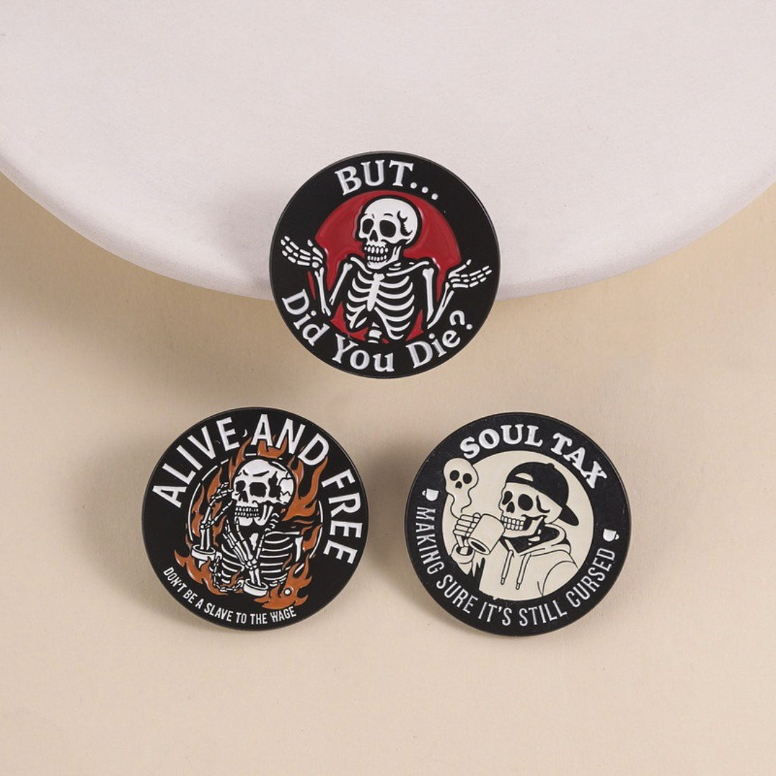 Pinori funny skeleton quote enamel pin with skeleton holding a sign