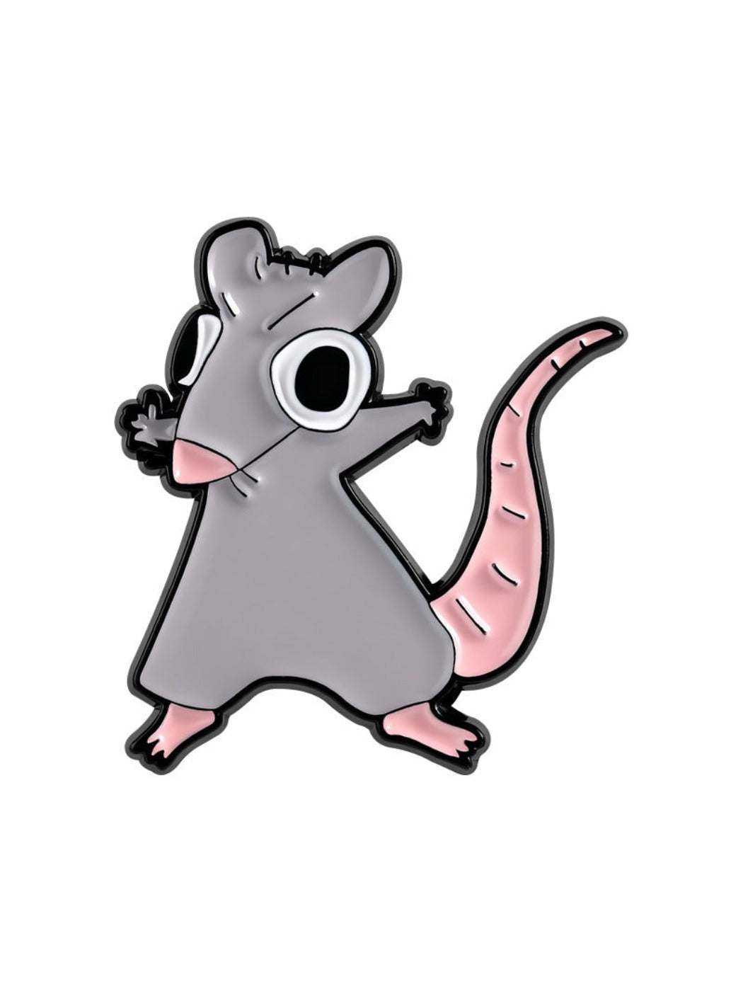 Pinori Fun Possum lapel pin photographed from a side angle showing its thickness and design