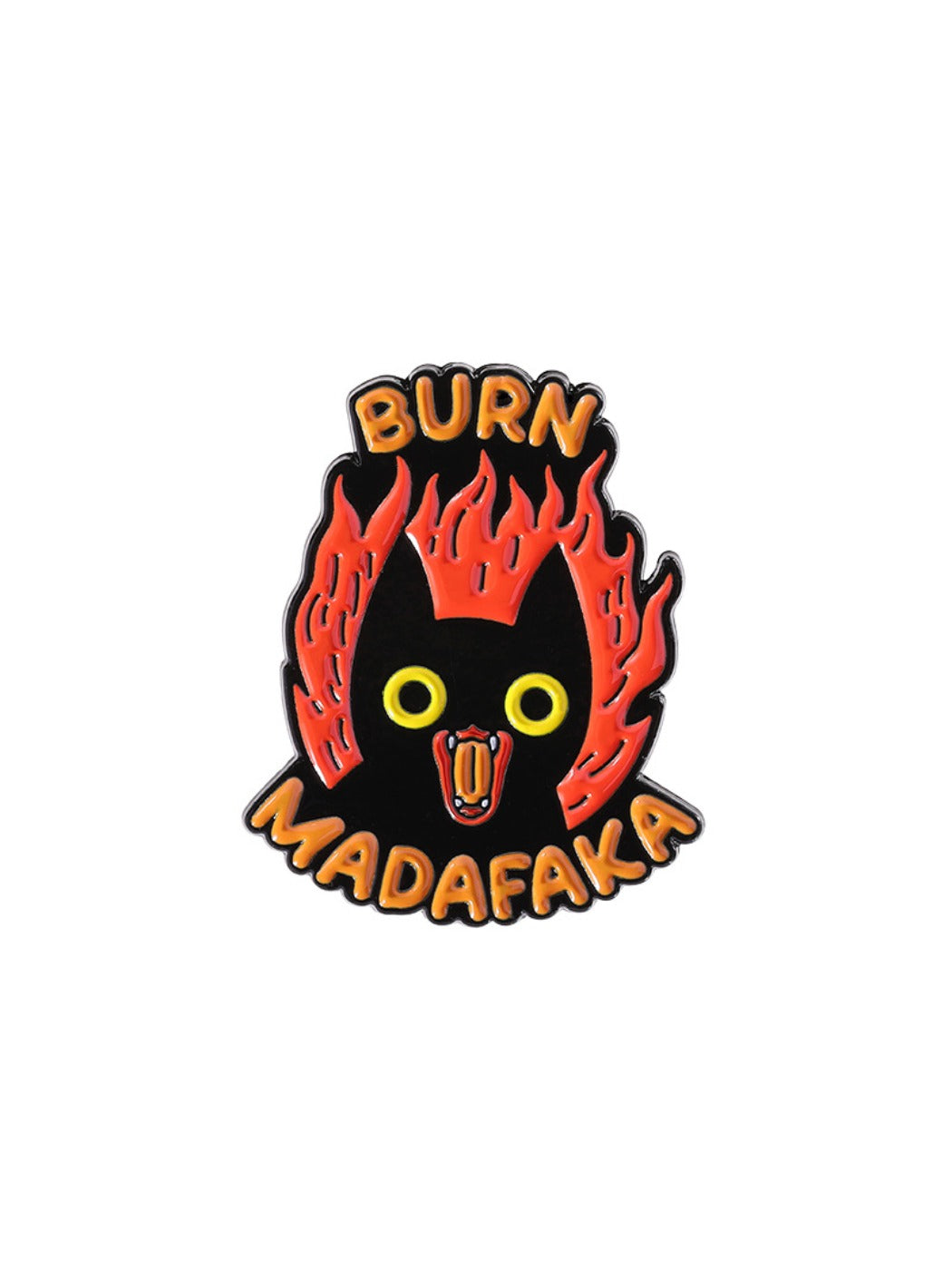 Pinori black cat flame badge attached to a fabric surface