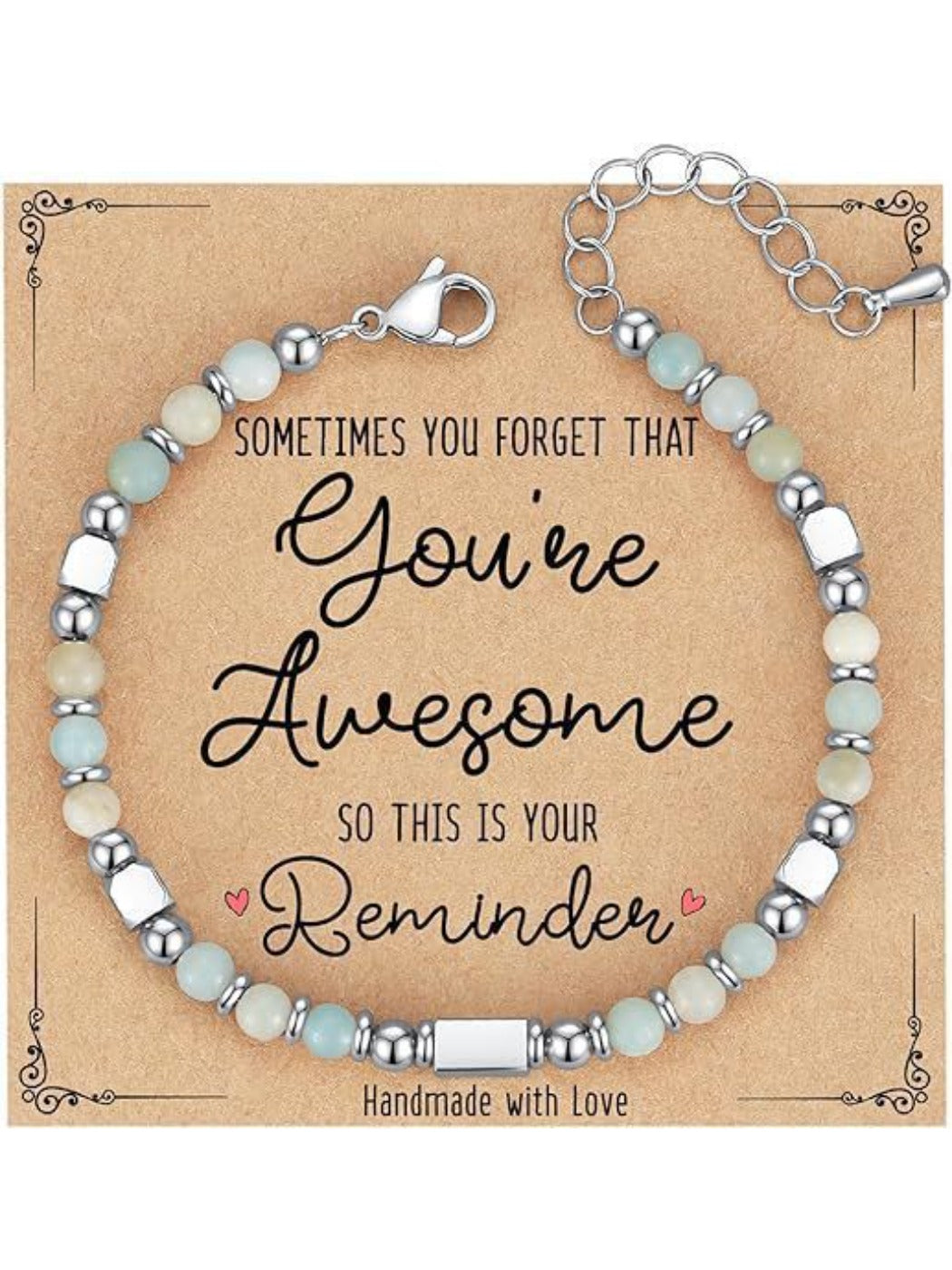 Emora stone beaded bracelet displayed on a white background with a branded card