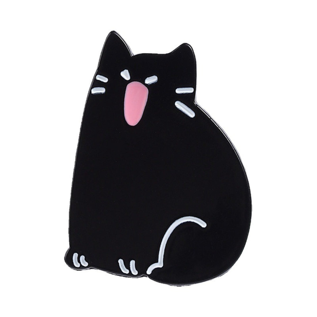 Pinori black cat mood enamel pin attached to a backpack strap